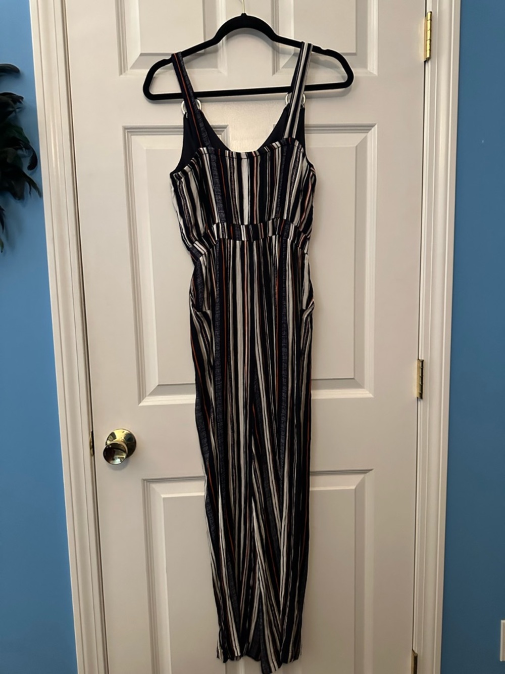 EUC Derek Heart Striped Jumpsuit in Black, Cream & Tan Sz S - Picture 6 of 9